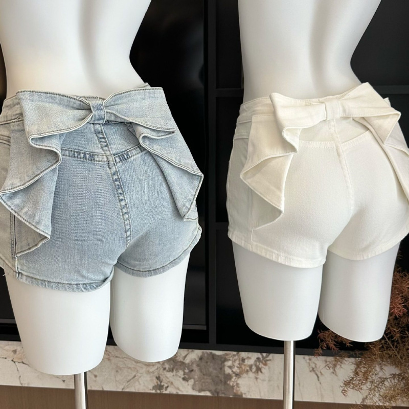 High-Waisted Bow-Knot Denim Shorts for Women, New Summer Style, Slimming A-Line Hot Pants, Fashionable and Stylish, Stretchy Wide-Leg