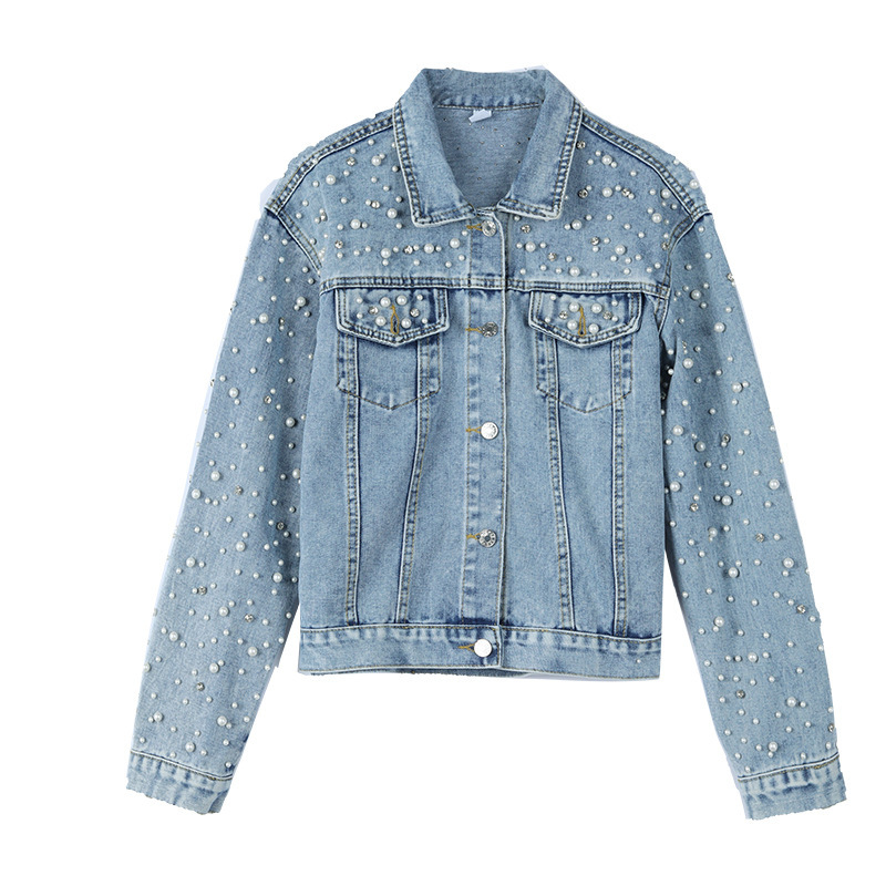 Cross-border foreign trade new heavy industry Diamond rivet Denim coat women's long sleeve Korean style loose slimming fashion jacket Cross-border foreign trade new heavy industry Diamond rivet Denim coat women's long sleeve Korean style loose slimming fashion jacket