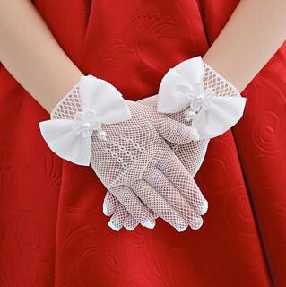 Children's princess dress mesh bow gloves stage performance wedding flower child pure white thin gloves wholesale