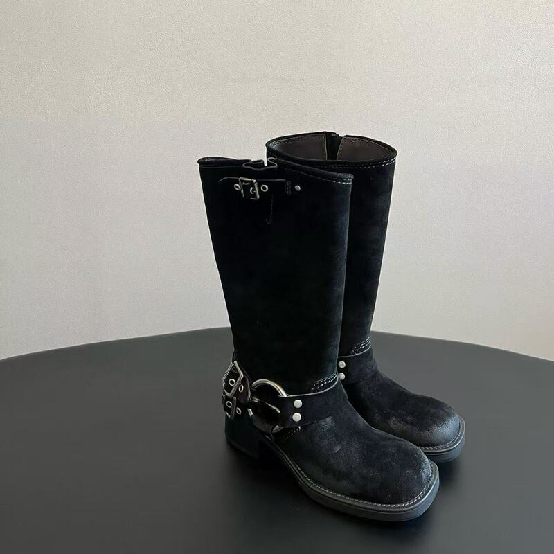 miu キャットウォーク ベルトバックル 太ヒール マーティンブーツ レディース 春夏新作 レトロ ニーハイブーツ ウエスタンブーツ|undefined