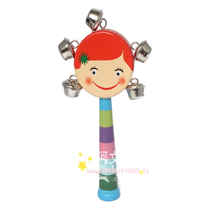 Artesanías de madera bebé juguetes niños de dibujos animados de educación temprana instrumento musical de doble cara con campana sonajero al por mayor