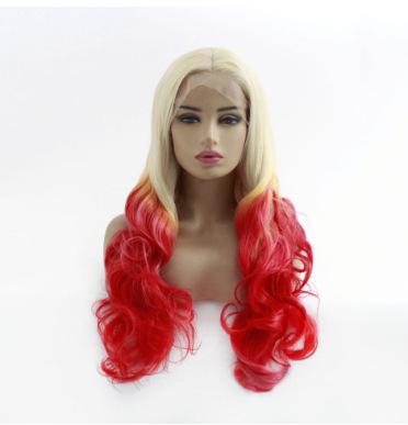 Peruca de cabello de mujer teñido gradiente ondas grandes cubierta de cabello de fibra química pelusa de encaje de cabello largo LW0312