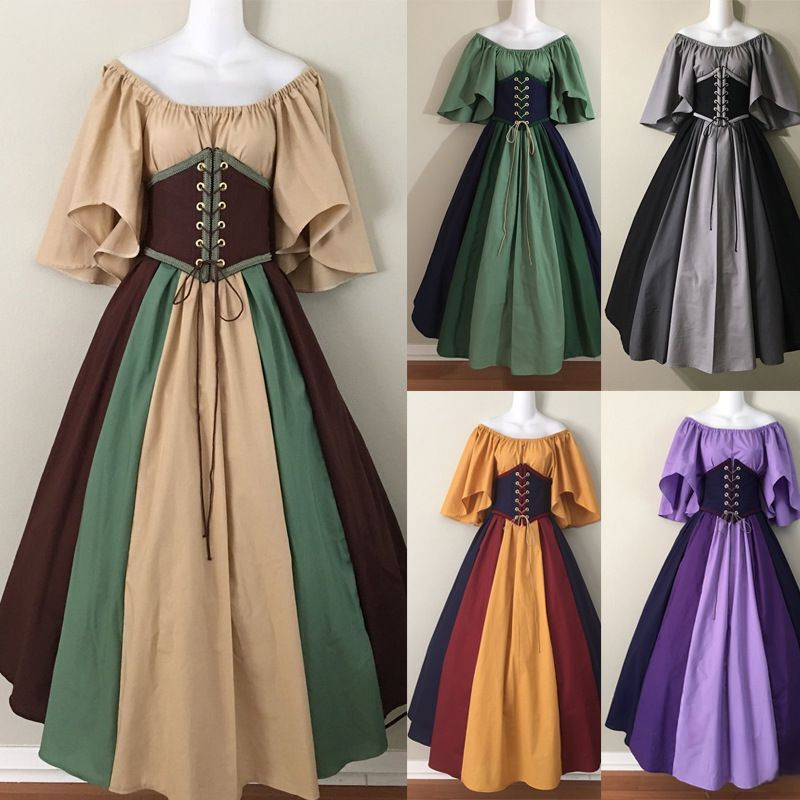 Medieval Color-Blocked Flutter Sleeve Tie-Waist Flared Dress Off-Shoulder Gown for Women with Color-Blocking Design