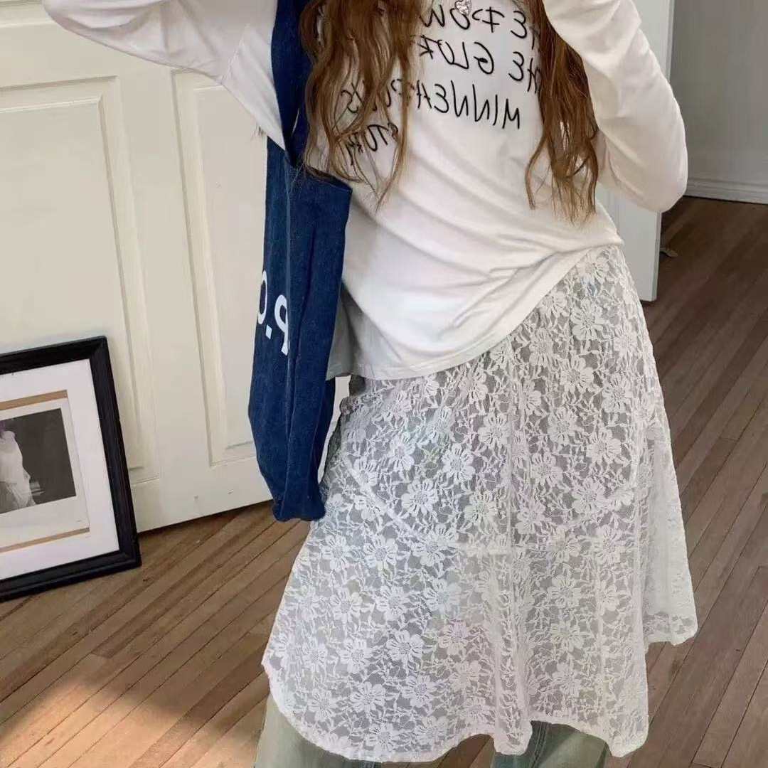 2025 Spring Niche Design Korean Style White Lace Fart Curtain Women's Lace-up Sweet Skirt All-match Apron Cover Skirt