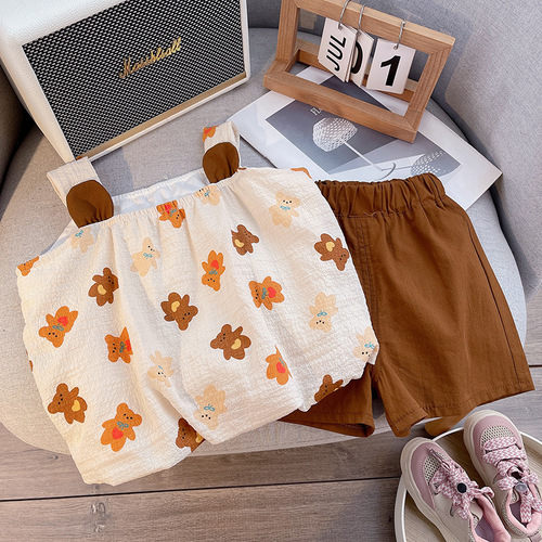 Korean style fashionable baby girl summer suit children's handsome and fashionable leopard print clothes shorts baby vest two-piece set