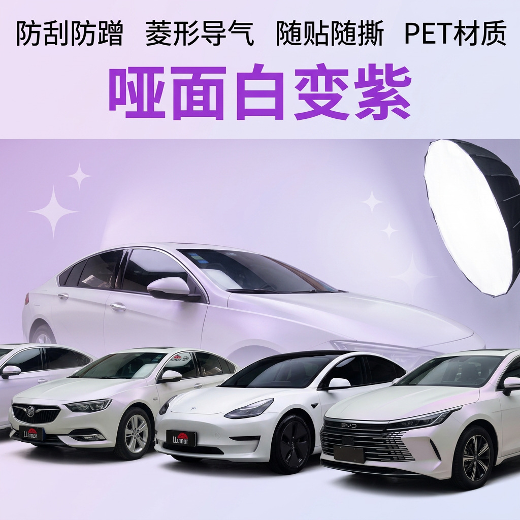 New car color change film: matte white to purple, self-adhesive, suitable for motorcycles and electric vehicles, waterproof, sunscreen, and scratch-resistant protective film for touch-up