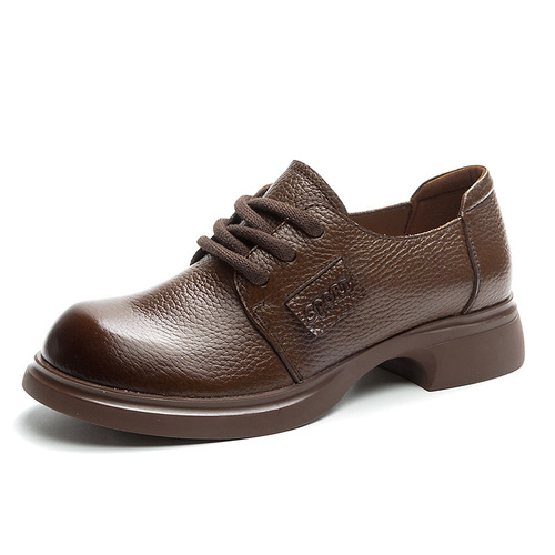  Autumn New Women's Single Shoes with Thick Heel, Medium Heel, Soft Sole, Washed Head Layer Soft Calfskin Laced Four Seasons Deep Mouth Shoes
