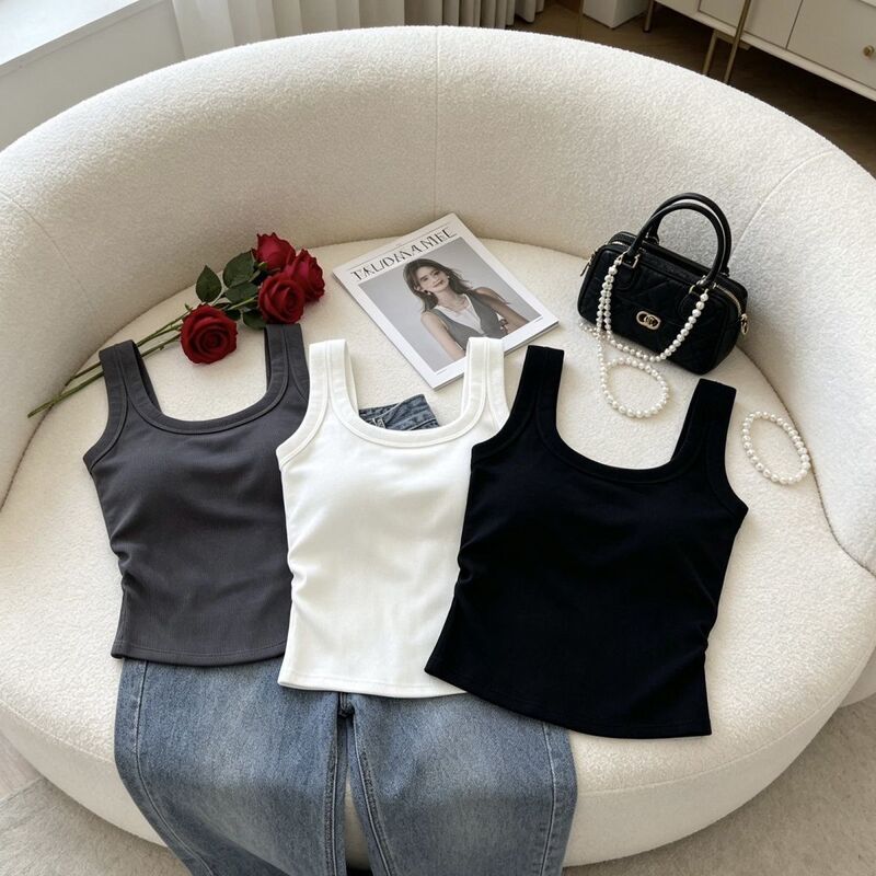 Versatile solid color cotton wide-shoulder camisole for women with chest pads, suitable for outerwear or layering, slimming and flattering with a beautiful back design