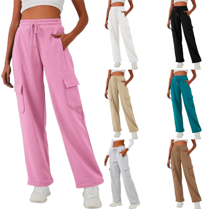Cross-Border European and American Amazon Women's High-Waist Workwear Sports Pants Wide-Leg Loose Leg-Tie Jogging Pants with Multiple Pockets