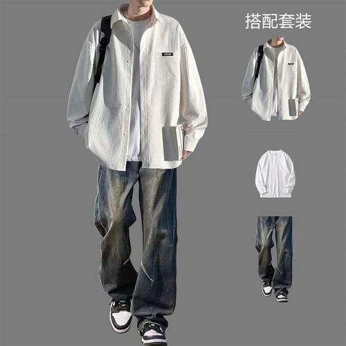 Casual Honeycomb Shirt Student Set Streetwear Long-Sleeve Top for Men High-End Style Set for Spring and Autumn Outerwear