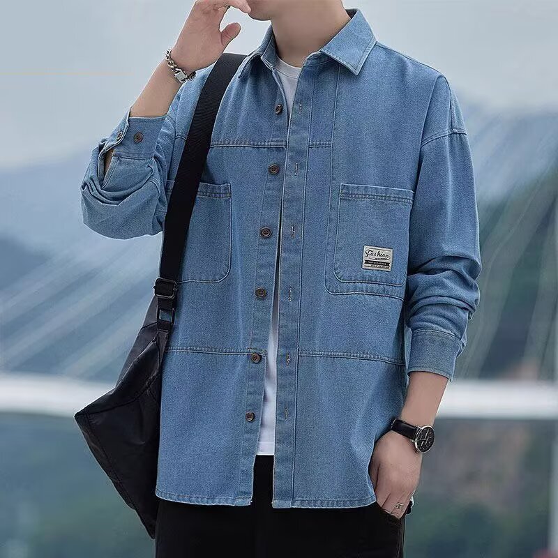 Cross-Border Men's Long-Sleeved Denim Shirt Autumn Workwear Loose Thick Shirt Jacket Casual Multi-Pocket Factory Direct Sale