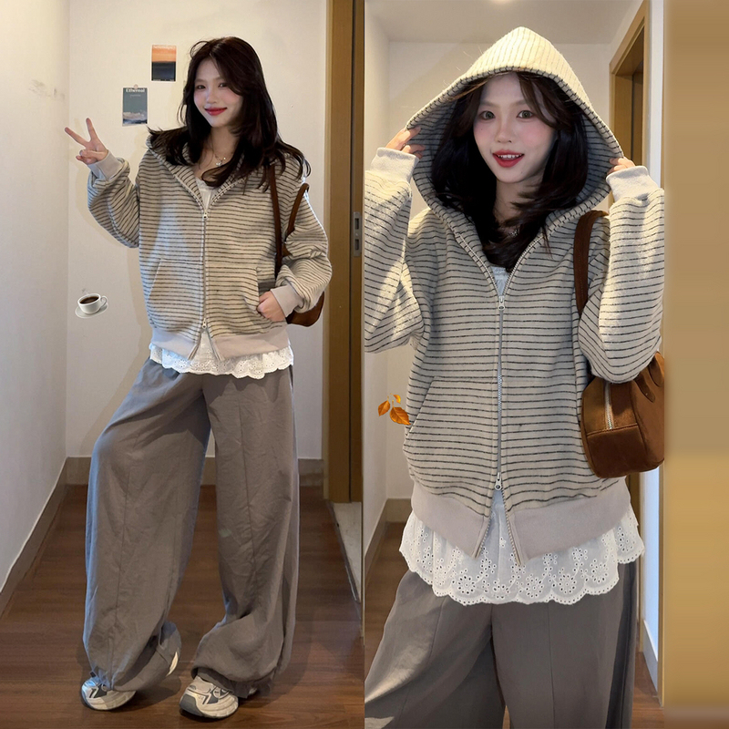 连帽卫衣外套女春秋季2025新款韩系慵懒拉链条纹开衫上衣早秋穿搭|undefined