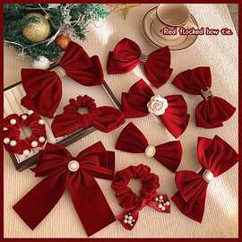 新年款红色丝绒大蝴蝶结发夹顶夹女后脑勺弹簧夹发卡过年喜庆发饰