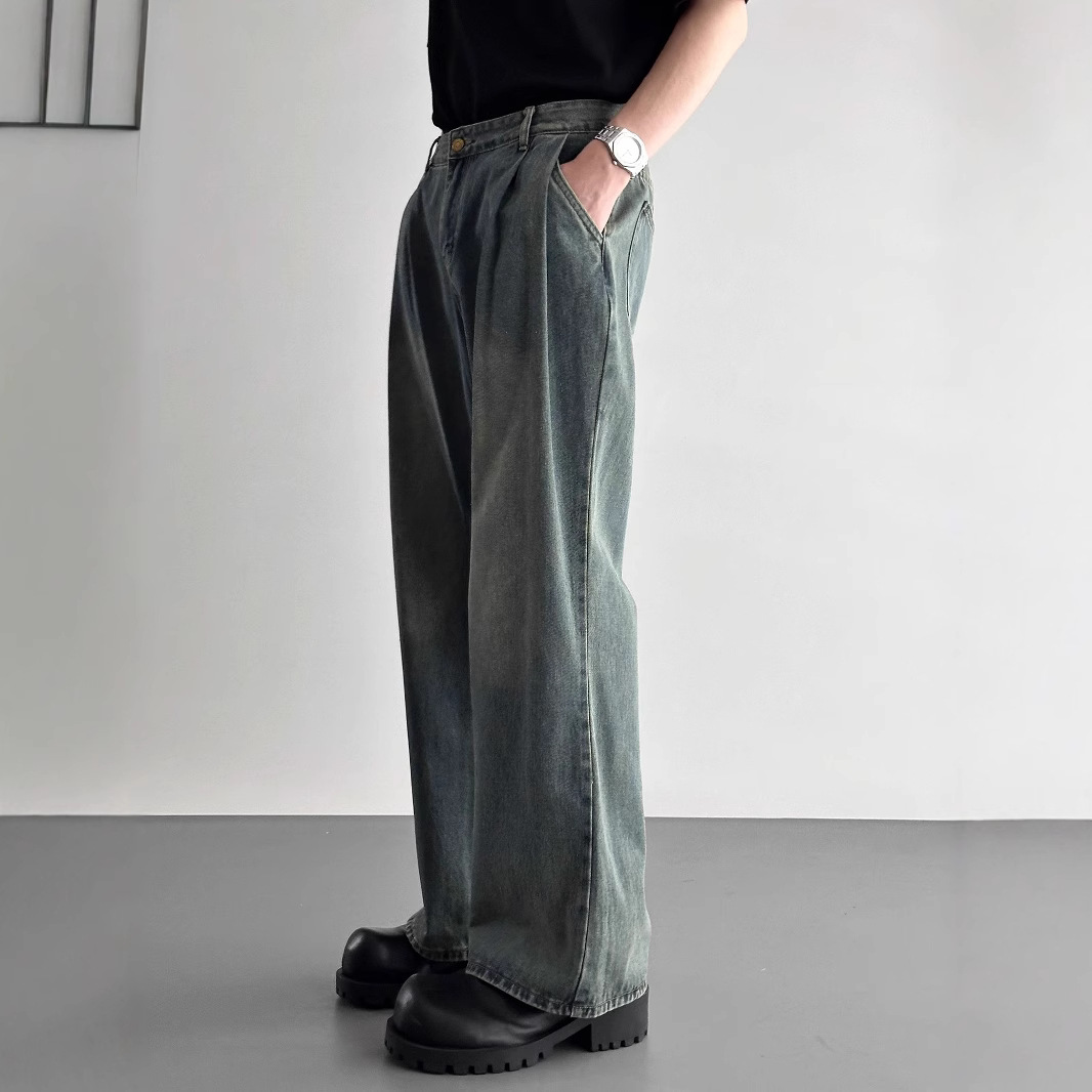 American Style Retro Simple High-grade Pleated Jeans Men's Washed Old Loose Straight Wide Leg Pants