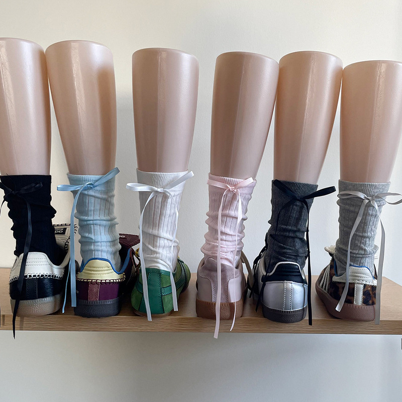 Korean Girl Ins Style Ribbon Bow Miu Series Vertical Striped Thin Semi-Sheer Mid-Calf Socks Bubble Socks