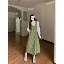 大码胖mm法式复古休闲背带连衣裙蕾丝打底衫两件套装女冬季长裙子