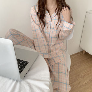 New Plaid Pajamas Women's Japanese-style Korean-style Cute Long-sleeved Spring and Autumn Home Wear Outer Wear Two-piece Suit Cross-border Wholesale