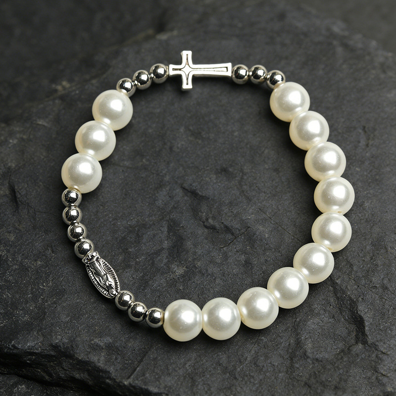 Foreign Trade White Pearl Bracelet 10mm Round Beads Zinc Alloy Guadalupe Cross Hand Jewelry Cross-Border Jewelry Wholesale