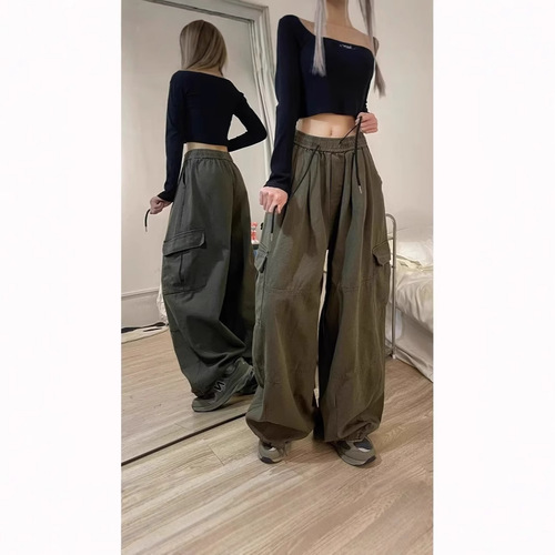 Vintage American-style multi-pocket work pants for girls, spring and autumn trendy streetwear, loose straight-leg wide-leg versatile drawstring pants