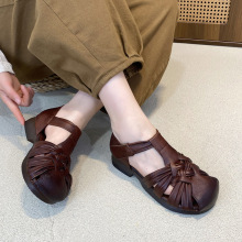 头层牛皮镂空平底凉鞋软底妈妈鞋2025夏新款真皮包头中空罗马女鞋