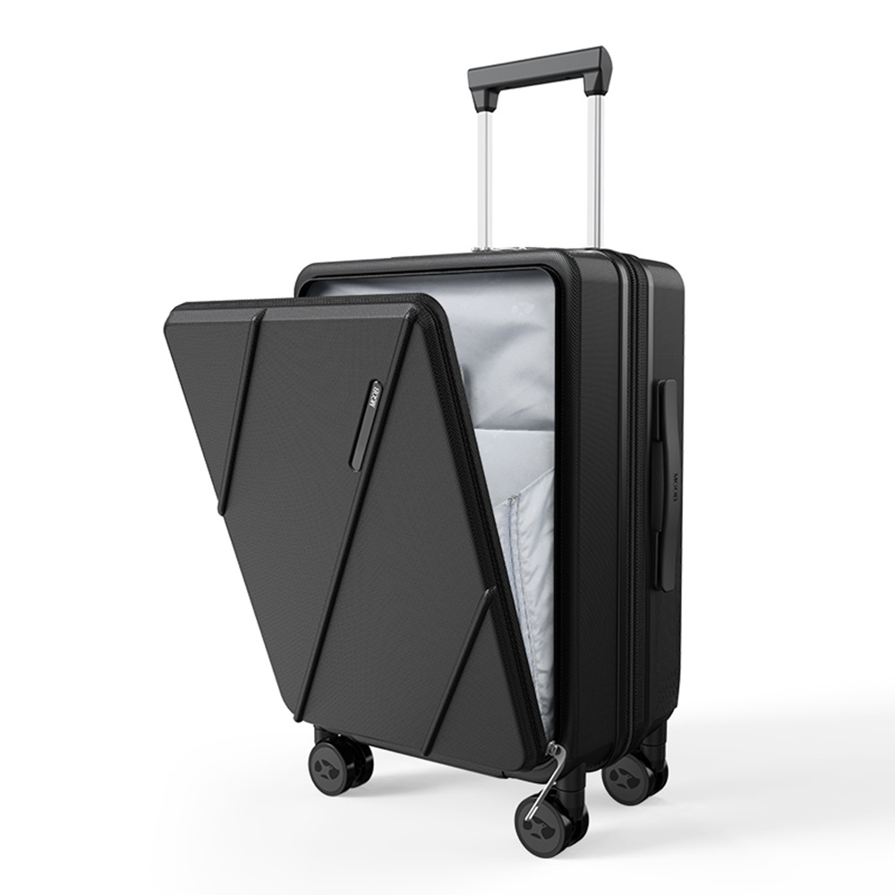 Vali nhựa PC mở trước 20 inch đa năng, dung tích lớn chống rơi vỡ, có cổng sạc — Cửa trước 20 inch có cổng sạc và lớp mở rộng màu đen