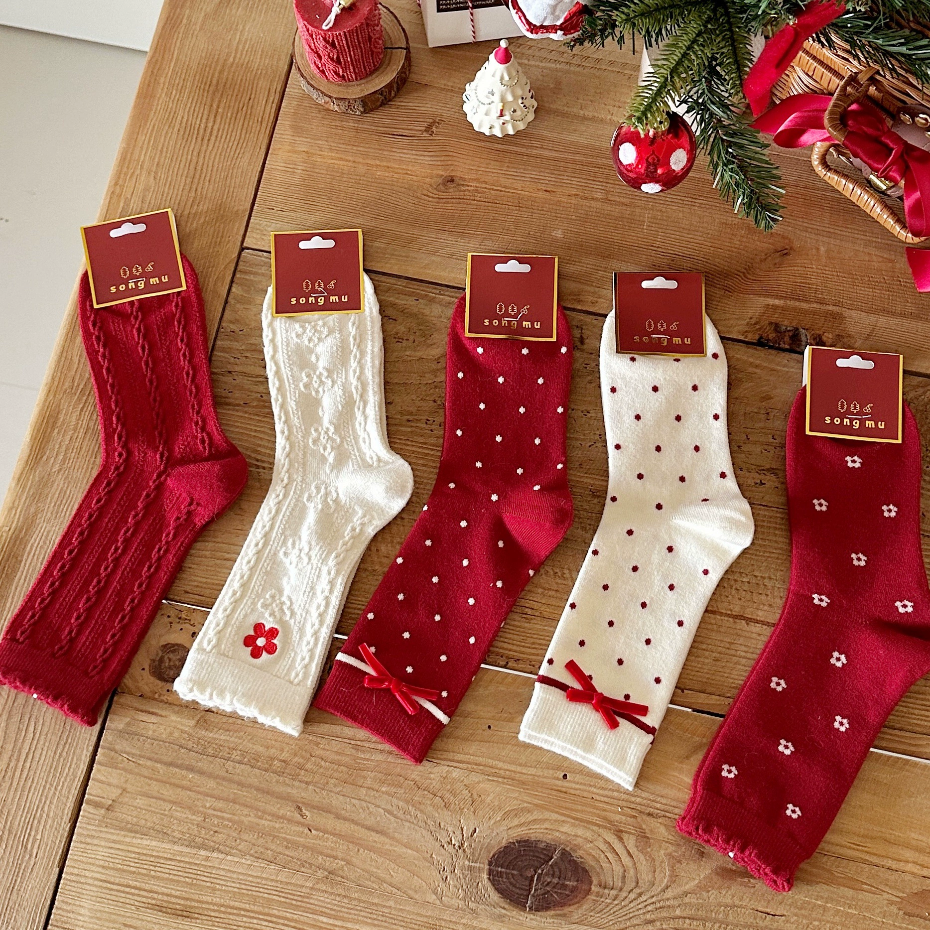 Зимние кроличьи бархатные носки женские натальные красные новогодние чулки бархатные банты