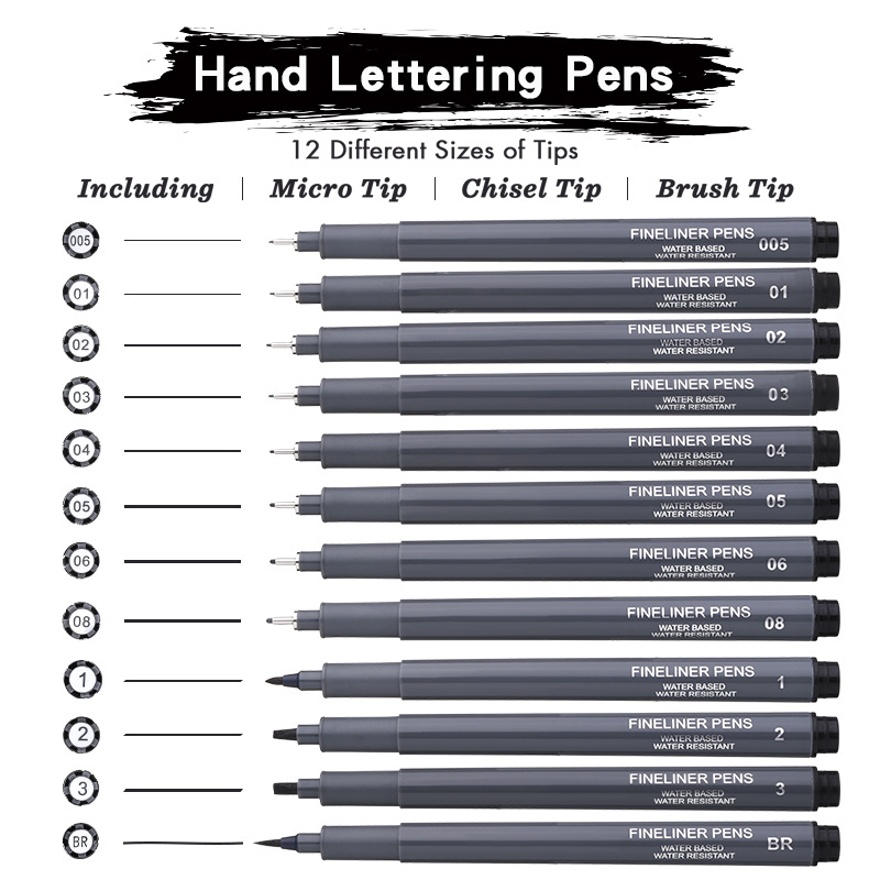 Cross-border 12-piece needle tip sketching pens for hand-drawing, art gift book signature pens, black quick-dry markers, art-specific