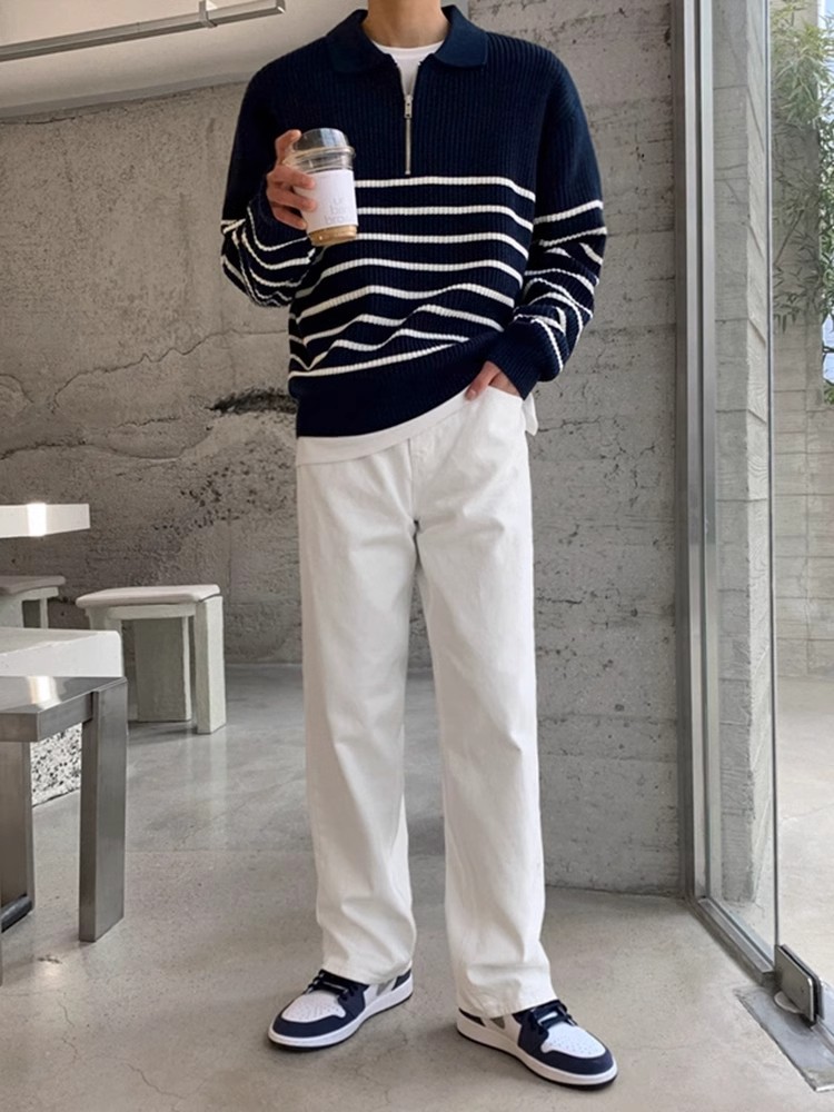 Suéter con cremallera para hombre Suéter de punto a rayas casual de moda suelta Suéter para hombre Otoño e invierno Cuello medio alto para hombre