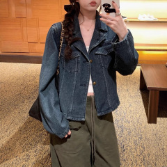 蓝调时刻 私服复古做旧牛仔外套女早秋韩系小众上衣复古蓝棉翻领