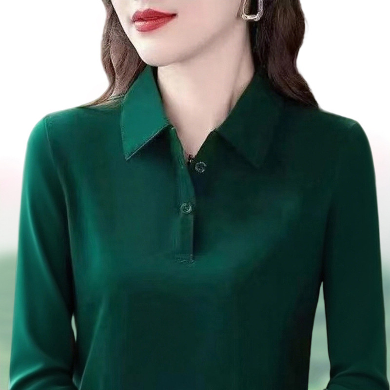 【95% Cotton, 5% Spandex】Spring and Autumn Long Sleeve T-Shirt for Women, Loose Fit, Stylish Turn-Down Collar, Base Shirt, Polo Collar, Fashionable and Youthful