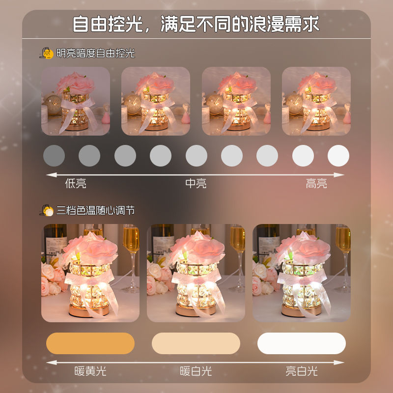 跨境圆形玫瑰水晶灯触摸三色变光遥控七彩氛围装饰台灯送女友礼物|undefined