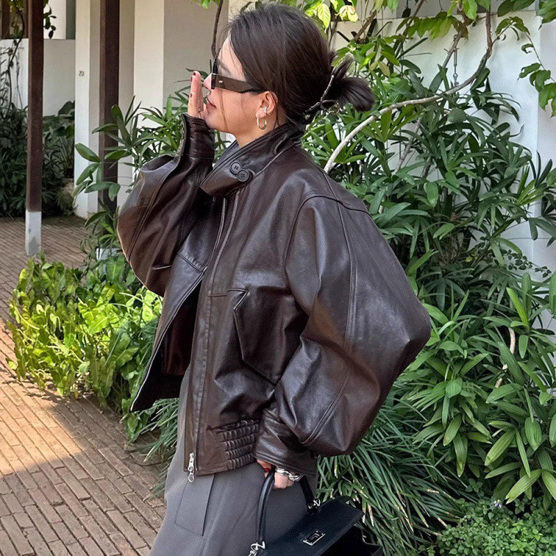 European Sheepskin 2024 Spring New Short Leather Jacket Women's Fashionable Retro Maillard Motorcycle Leather Jacket