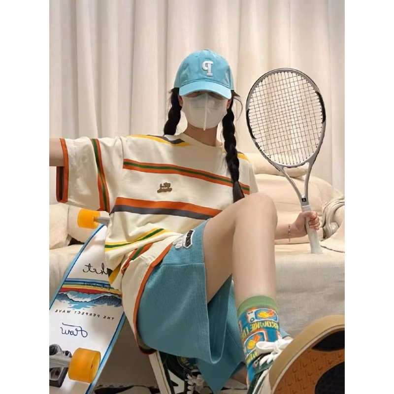 Повседневный комплект спортивной одежды в японском стиле для женщин, летние свободные утягивающие корейские студенческие шорты с короткими рукавами, комплект из двух предметов Harajuku