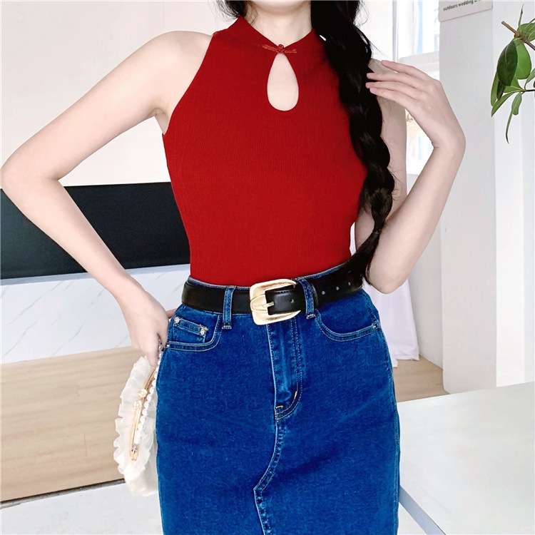 Summer New National Style Cheongsam Buckle Cutout Pit Shoulder Cut Sleeveless Vest Slim-fit Slimming Knitted Top