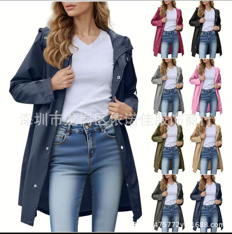 Women's Long-Sleeve Hooded Water-Repellent Windproof Button Pocket Casual Jacket Coat