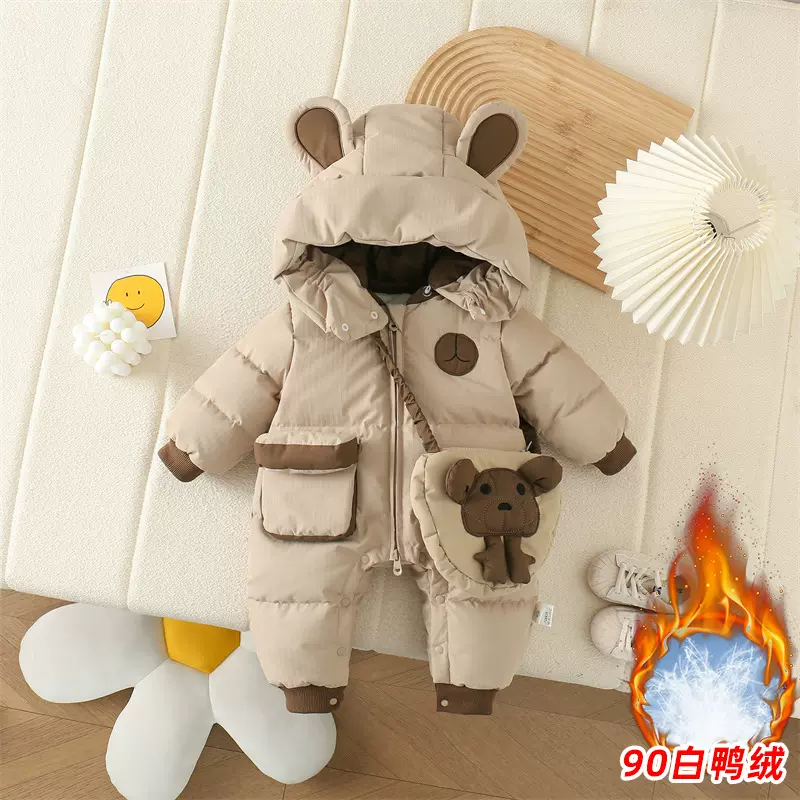 婴儿羽绒服连体衣宝宝拜年服加厚加绒外出保暖新年装满月百天周岁