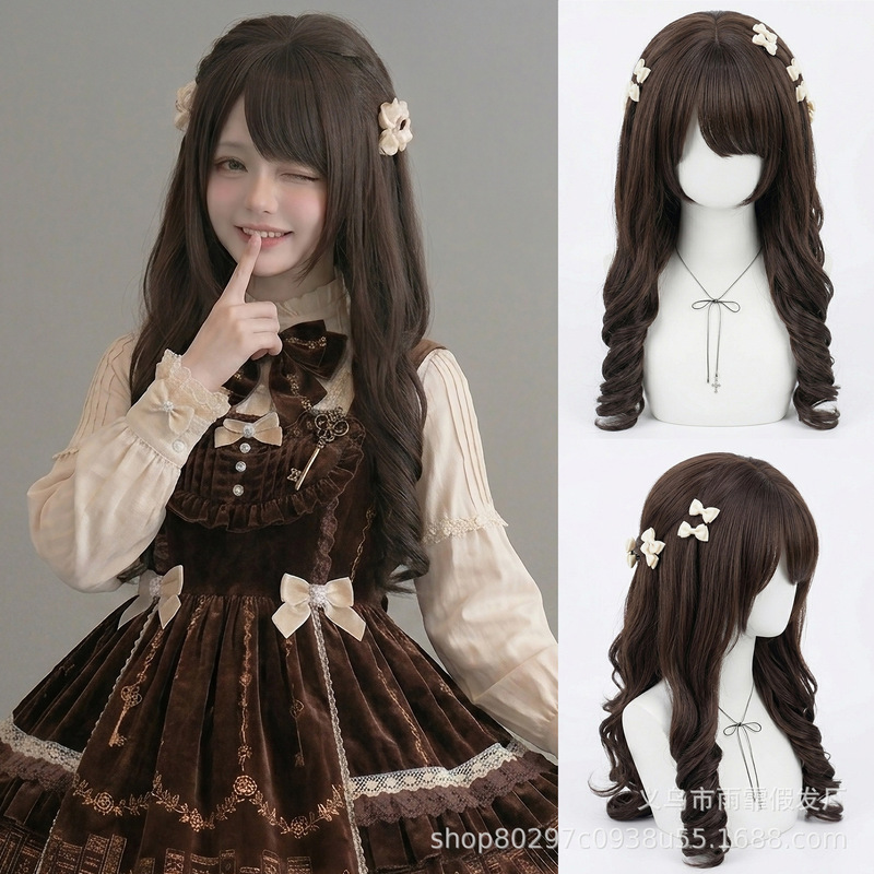 Ai Mei Chocolate Brown Long Curly Hair Wig for Women, Japanese Lolita Style Full Head Wig, Factory Ready Stock