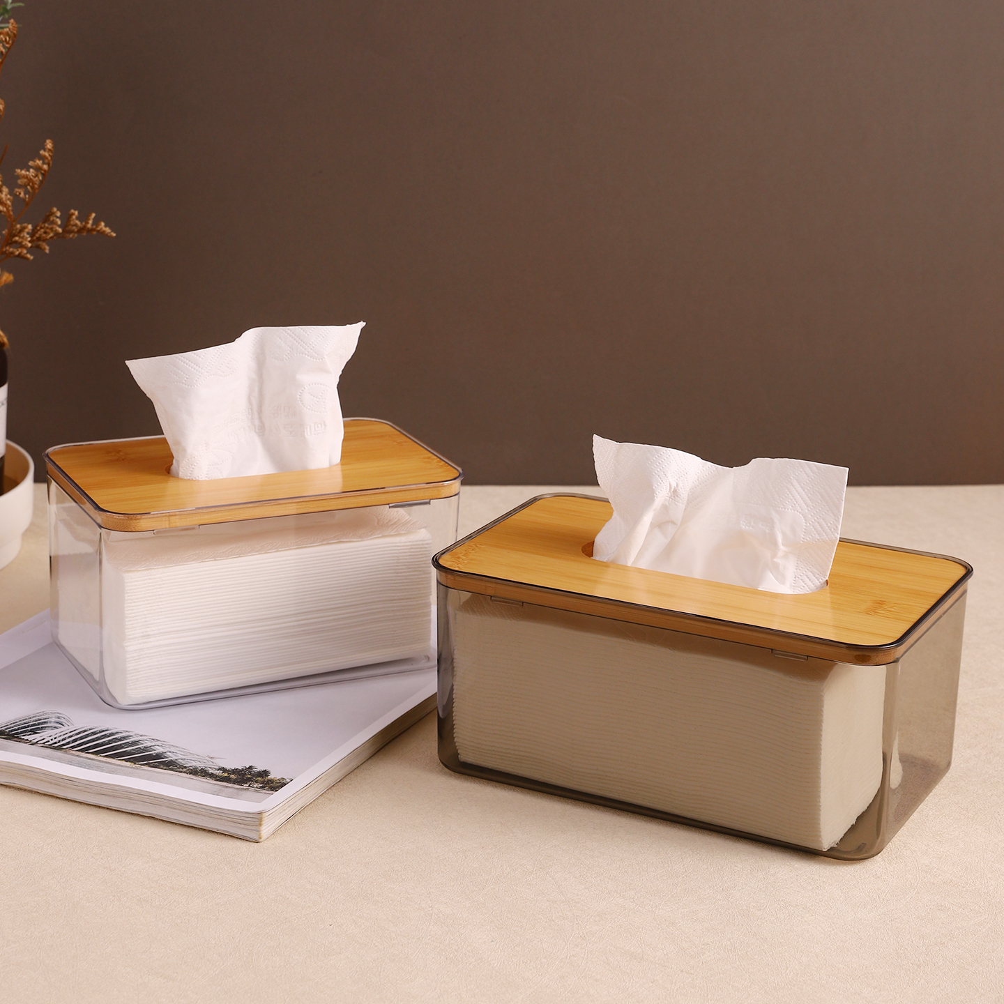 Caja de toallas transparentes de bambú, caja de toallas de salón, caja de extracción de tablero de té, caja de extracción de papel transparente creativa