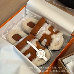 河南跨境毛毛拖鞋女外穿通勤魔术贴一字拖厚底舒适泰迪毛二舅拖
