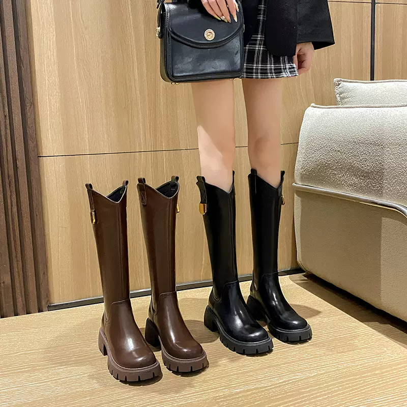 2025年真皮长筒靴女新款秋冬粗跟厚底加绒瘦瘦骑士靴黑色长靴子女