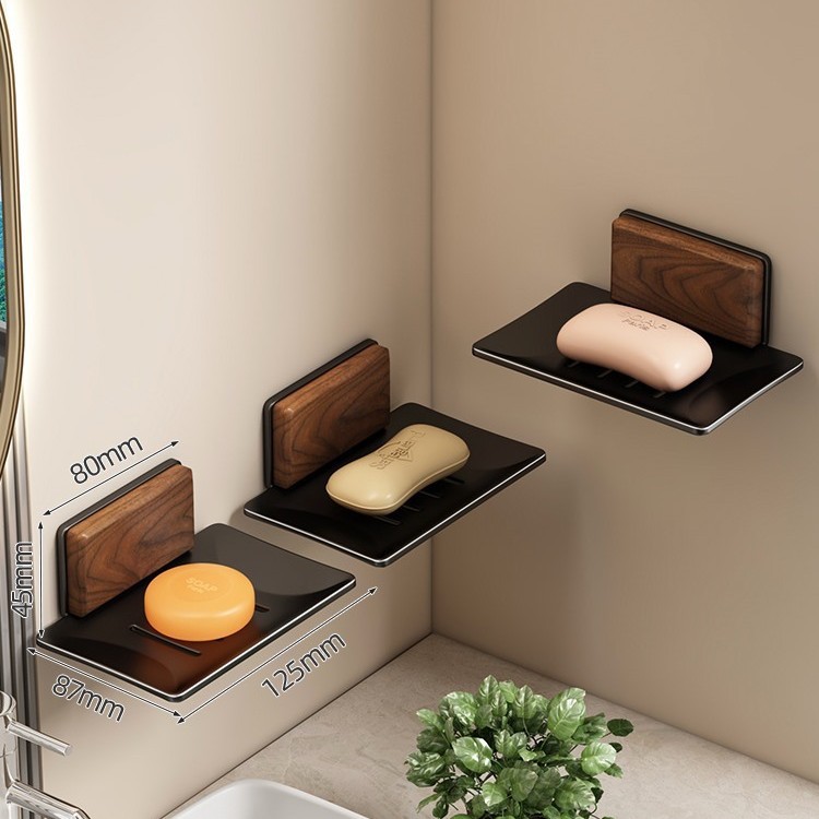 Estante de jabón de madera de nogal Estante de jabón de pared sin perforaciones Estante de jabón de baño Estante de drenaje Estante de almacenamiento de mesa de lavado de manos