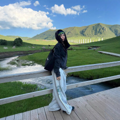 美式复古双腰头抽绳字母印花卫裤宽松直筒阔腿休闲长裤男女