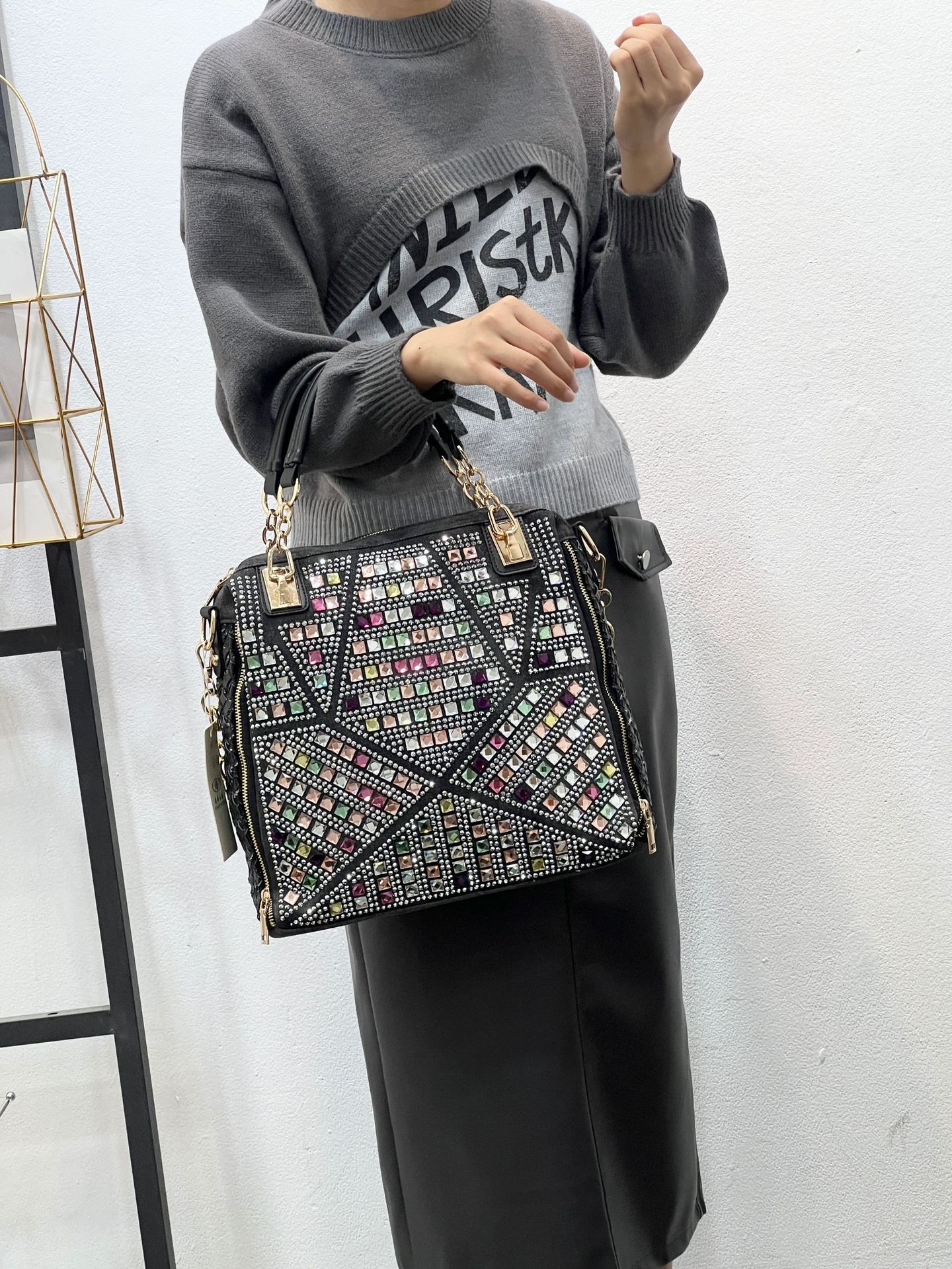 24 nuevos bolsos de mujer de moda tejida europea y americana, bolso de mezclilla de diamantes calientes, bolso de hombro de mensajero de viaje de gran capacidad con diamantes