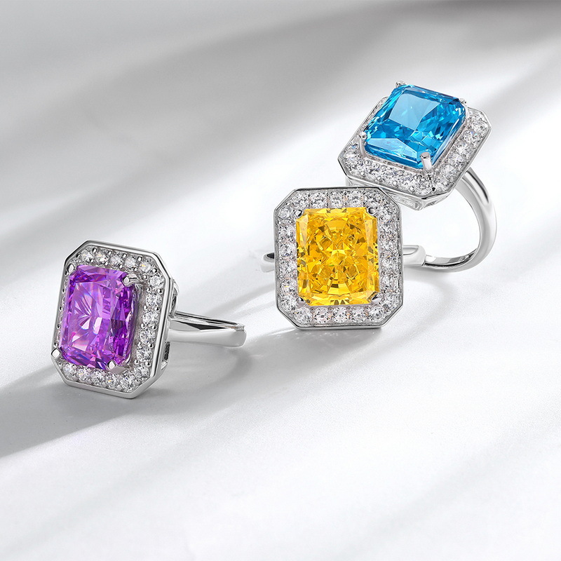 Wilsheng transfronterizo especial S925 plata llena de diamantes con incrustaciones de mujeres anillo rectangular de hielo corte flor aguamarina anillo de diamantes de alto carbono
