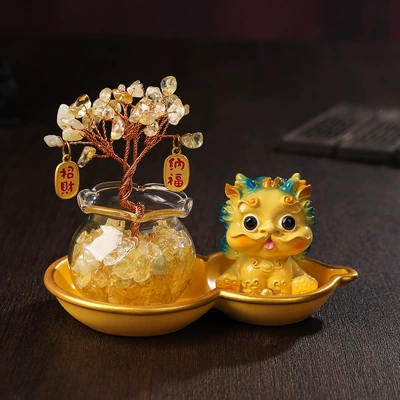 Pixiu Crystal Money Tree Car ornaments - yellow-gold-ingot-pixiu-yellow-crystal-tree-gourd-base