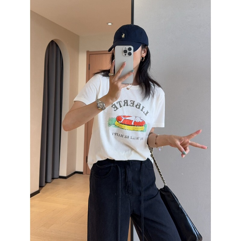 Cute and Youthful Swimming Ring Cat Print Loose Slimming Lightweight Breathable Short-Sleeved T-Shirt for Women 2026 New Model H060614 Cute and Youthful Swimming Ring Cat Print Loose Slimming Lightweight Breathable Short-Sleeved T-Shirt for Women 2026 New Model H060614