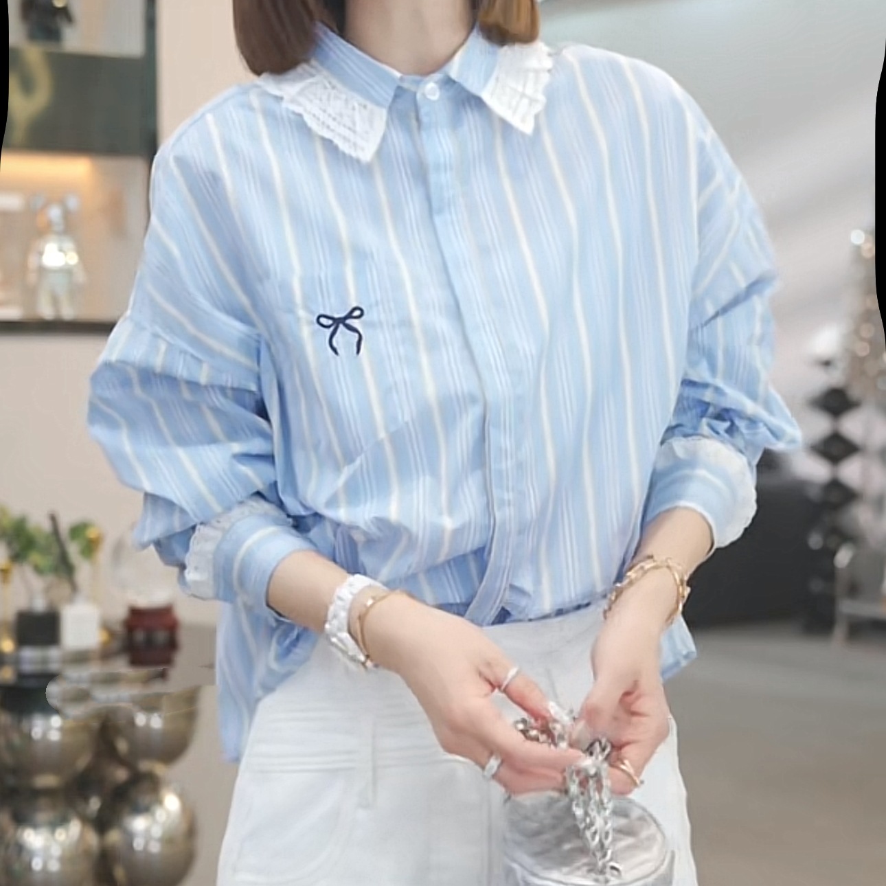 Lace spring fashionable elegant design blue shirt