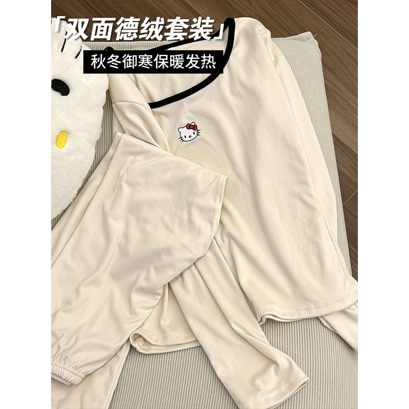 パジャマ女性秋冬両面デコルテ保温発熱下着かわいいベルベット修身底秋衣秋ズボンセット|undefined