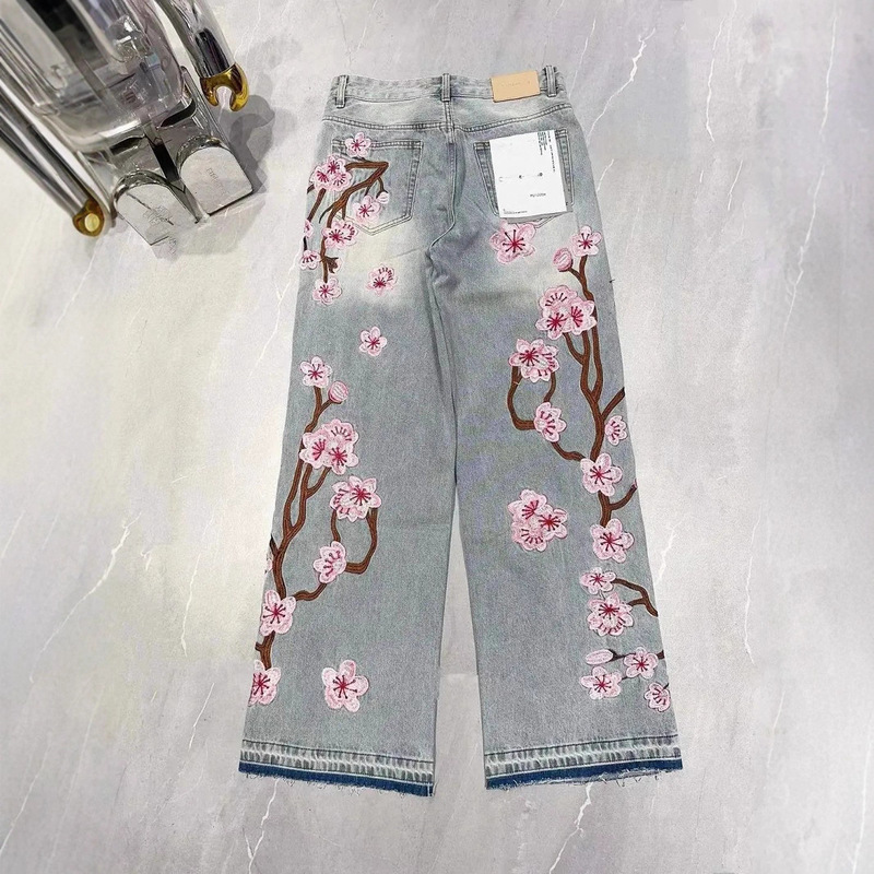 ヨーロッパとアメリカのクロスボーダーストリートゴシックスタイル桜刺繍ジーンズy2k男性と女性の同じスタイルのレトロファッションストレートパンツ|undefined