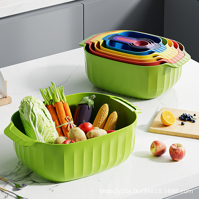 Venta directa de fábrica nuevo utensilios de cocina multifuncionales de nueve piezas, utensilios de tamiz de harina, separador de clara de huevo, lavabo de frutas y verduras